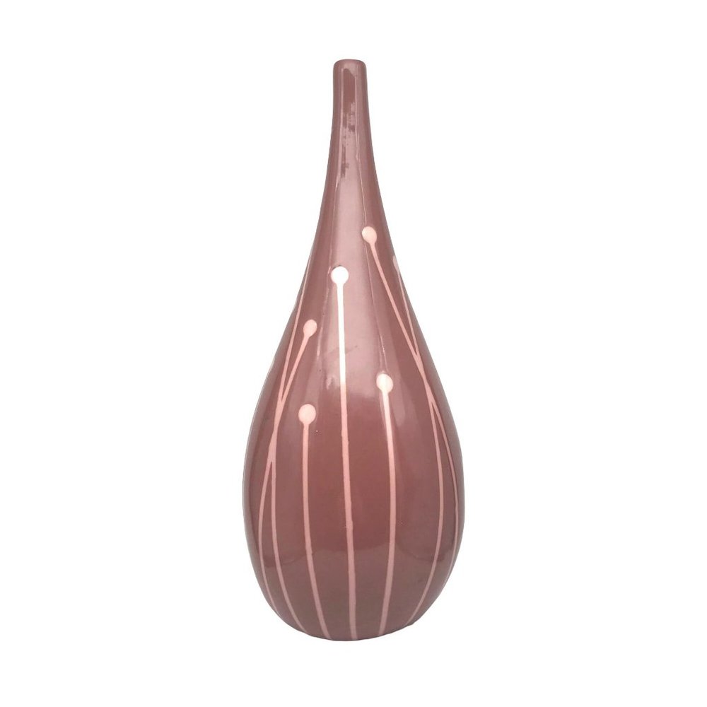 Vintage MCM Ceramic Teardrop Vase with Mod Botanical Design, 12x5 Mauve and Pink